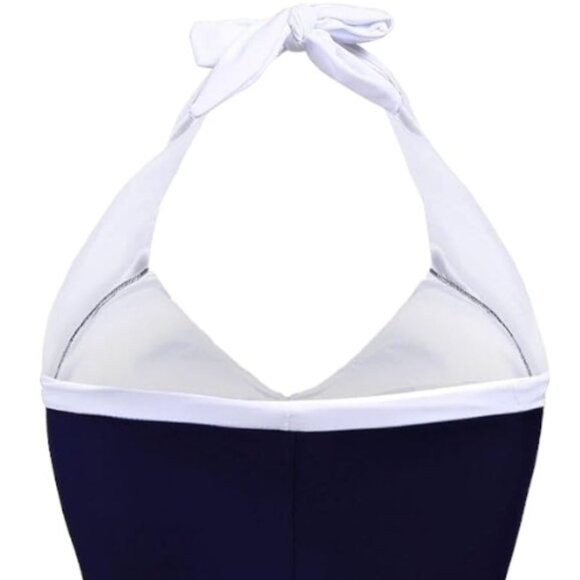 One Piece Plus Size XXL Navy Blue Red & White Vintage Style Halter Top Swimsuit - Picture 5 of 9